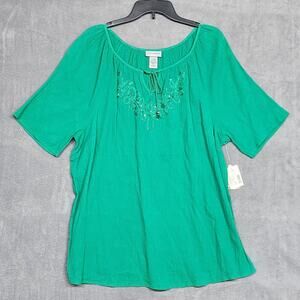 Catherines Crepe Tunic Top Short Sleeve Embroidered Detail Green 1X